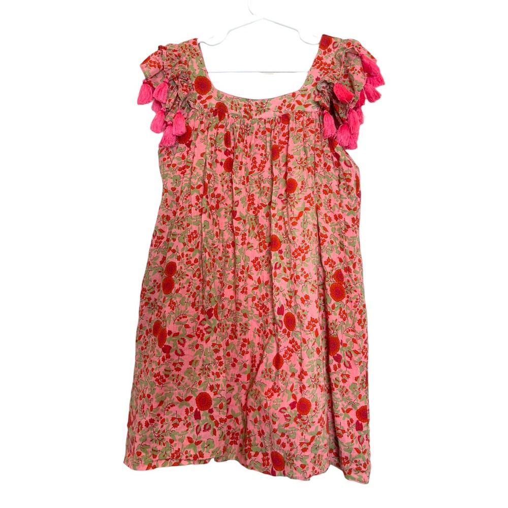 Roller Rabbit Rhody Vickey Dress Pink Floral Block Print Tassel Sleeve Cotton 6